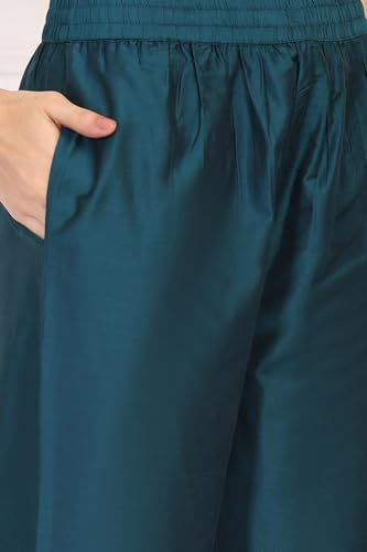 W for Woman Turquoise Embroidered Zari Sequined Straight Silk Blend Kurta with Straight Pant and Dupatta Set (WS13398-126896-M)