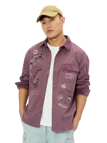 The Souled Store Rick & Morty: Cosmic Adventure Men and Boys Long Sleeves Collared Neck Button Front Purple Graphic Printed Cotton Relaxed Fit Shirts