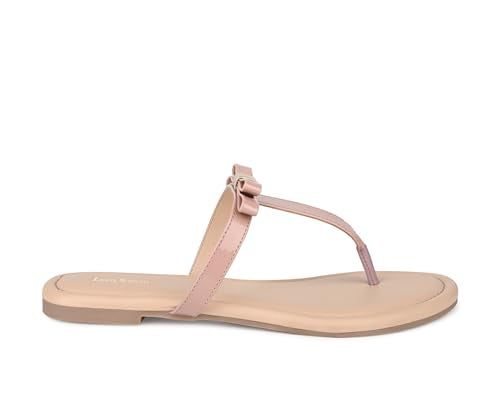 LOUIS STITCH Women’s Slip-On T-Strap Flat Sandals | Open Toe Peach Pink Stylish Sandal for Ladies, Fashionable and Comfortable Sandal | LSOF-FI01-TSNU | (UK 8)