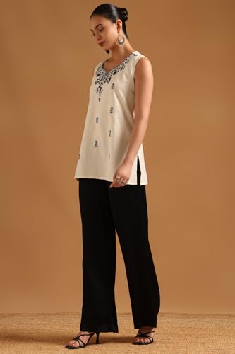 Soch Womens Off White Cotton Floral Tunic with Thread Work