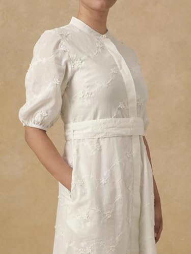 Rareism Women's Round Neck Embroidered Puff Sleeves Midi A-Line Dress