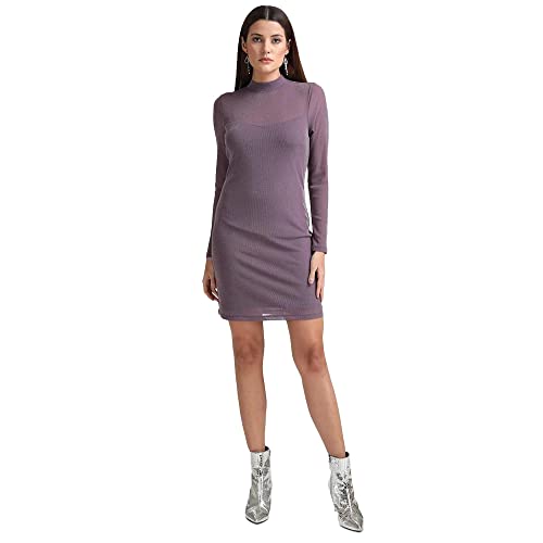 Kazo Solid Polyester Blend High Neck Women's Midi Dress (Purple,Large)