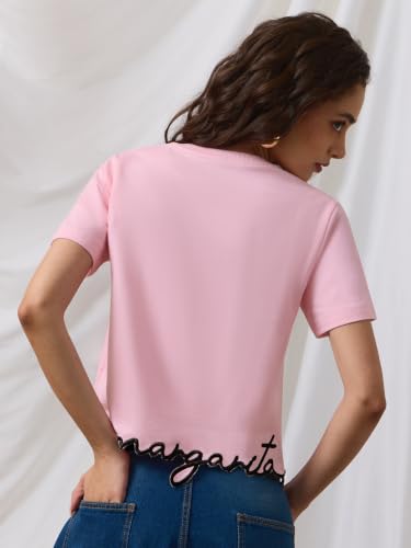 The Souled Store Senorita Women and Girls Short Sleeves Round Neck Pink Embroidered Cotton Regular Fit Lightweight Everyday T-Shirt for Casual Wear