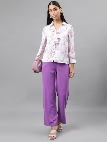 Latin Quarters Women Purple Full Sleeve Mandarin Collar Printed Top_L