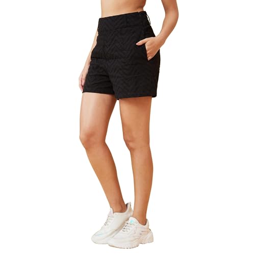 Globus Women Black Self Design High-Rise Regular Shorts with Zip Closure-GS568826