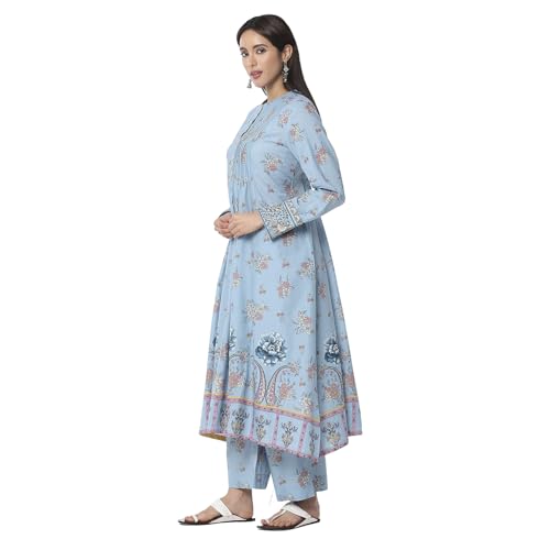 Biba Women Dull Blue Cotton Flared Printed Kurta Set_44