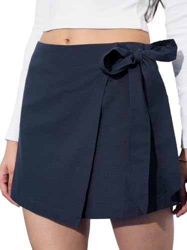 The Souled Store Cotton Linen Skorts: Navy Women and Girls Wrap Around Solid Blue Mini Cotton Linen Skorts