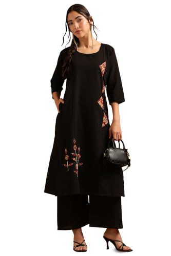 Soch Womens Black Cotton Flex Botanical Applique Kurta Set