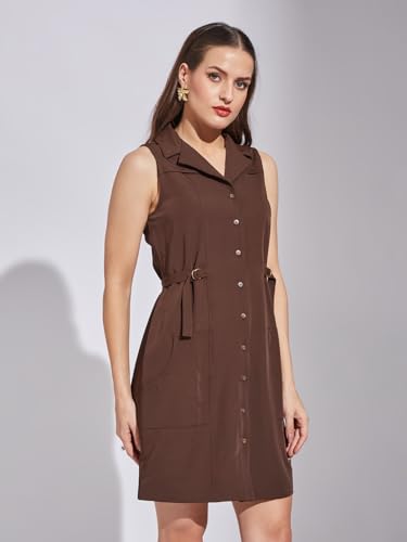 Latin Quarters Women Brown Sleeveless Casual Solid Dress_L