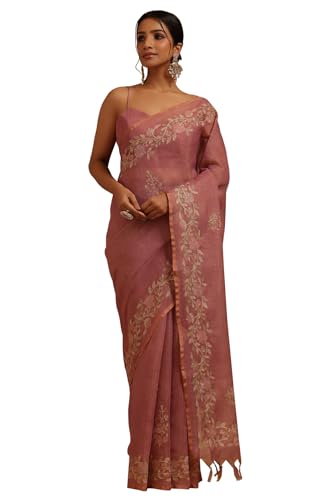 Soch Womens Blush Pink Linen Floral Printed Saree With Zari
