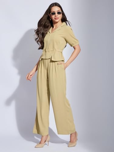 Latin Quarters Women Beige Collared Half Sleeves Solid Top Blouse for Casual Wear_S
