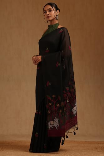 Soch Womens Black Chanderi Woven Design Saree