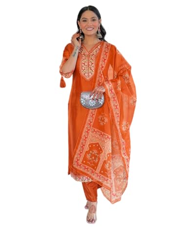 VARNI FABRICS: A lady's First Love Women's Viscose Embroidered Kurta Pant With Printed Dupatta, Floral Embroidery, Ethnic Wear Set (IN, Alpha, 2XL, Regular, Rust)