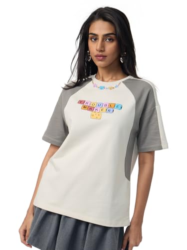 The Souled Store Tom & Jerry: Trouble Women and Girls Short Sleeves Round Neck Off White Graphic Printed Cotton Lightweight Everyday Streetwear Oversized T-Shirt