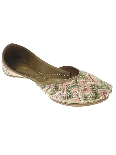 Fulkari Women's Zigzag Peach Gold Soft Leather Embroidered Jutis | Bite and Pinch Free Jutti | Punjabi Formal Juttis | Girl's Wedding Flat Mojari | Formal Ethnic Juti | 36