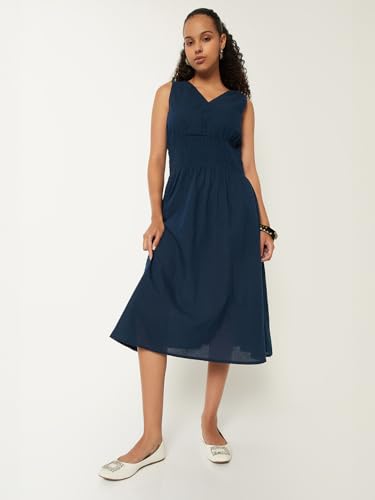 Max Women Solid A-line Dress (Blue_S)