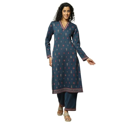 Rangriti Women Cotton Blend Straight Suit Set (WNTRWR18802AW23BLU_Blue