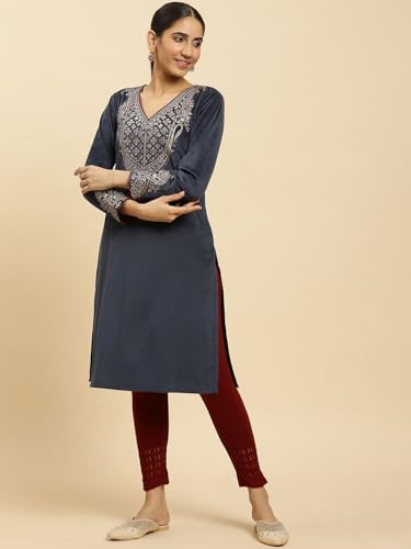 W for Woman Blue Embroidered Flared Velvet Kurta (Size: S)-24NOW10358-220778