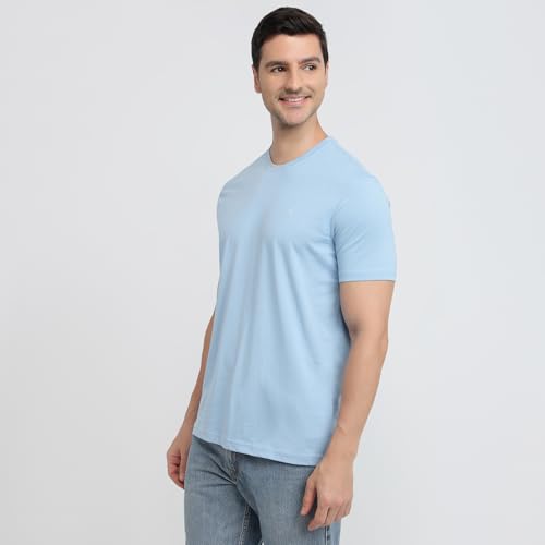Raymond Men Regular Fit Solid Pattern Pure Cotton Crew Neck Half Sleeve Casual T-Shirt Medium Blue