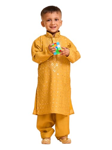 Manyavar Boys Viscose Blend Grid Embroidery & Sequins Kurta Pyjama Set (Mustard,2-3Y)