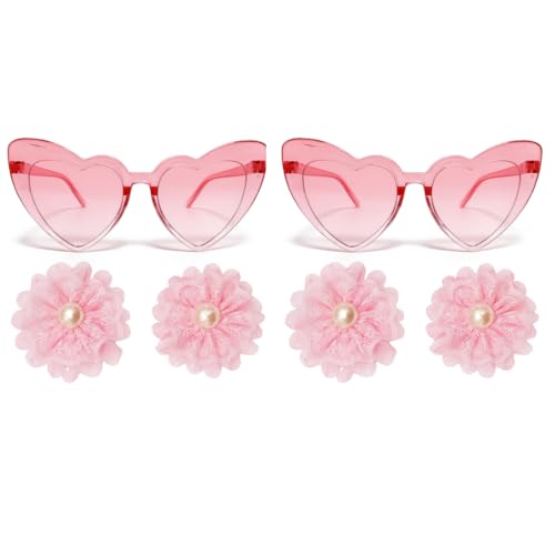 Tresneria Kids Sunglasses and Hair Accessory Combo set of 2 – Heart Design Pink Gradient Glasses with Matching Flower Clips