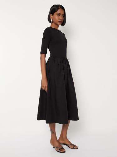 Max Women Solid Fit & Flare Dress (Black_L)