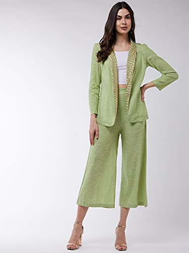 Zima Leto Women'S Solid Pastel Blazer And Pant Set | Full Sleeves Shawl Collar Cotton Solid Clothing Set - (Green, M)