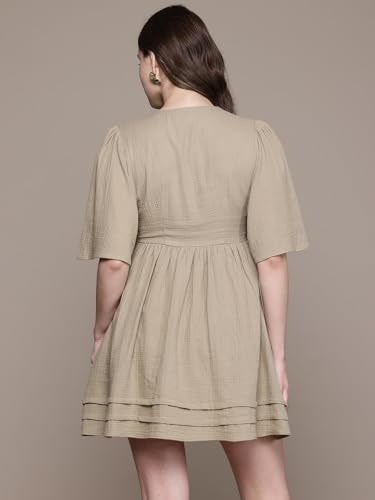 Label RITU KUMAR V Neck Solid Short Dress Olive