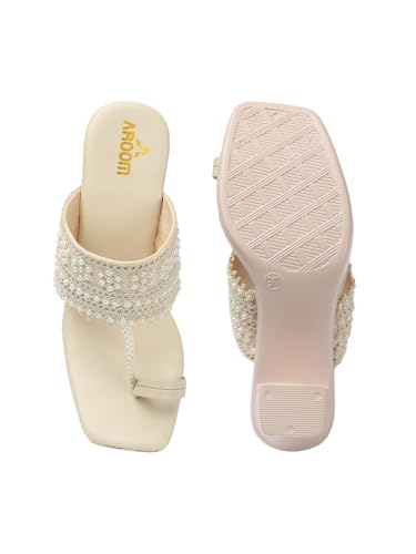 AROOM, Women's One Toe Block Heels Sandals Comfortable & Stylish Sandals for Women & Girls (Cream, UK Footwear Size System, Adult, Women, Numeric, Narrow, 8)