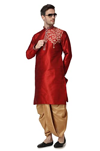 Royal Kurta Mens Silk Embroidered Kurta and Dhoti Maroon