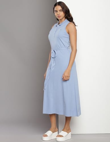 Tommy Hilfiger Blue Cotton Solid Shirt Collar Sleeveless Flaired Fit Women Dress (F23HWDR015) Size-XXL