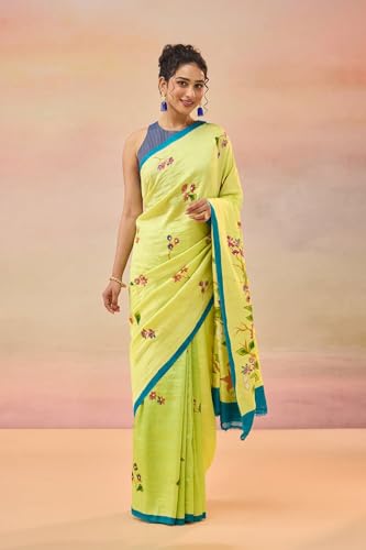 Taneira Women Light Green Silk Bengal Hand Paint Embroidery Saree with Unstitched Blouse (SAIH01AD4870 - Light Green)