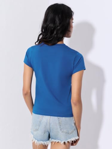 The Souled Store Supergirl: Super Suit Women and Girls Short Sleeves Round Neck Blue Graphic Printed Cotton Slim Fit Stretch Lightweight Everyday T-Shirts