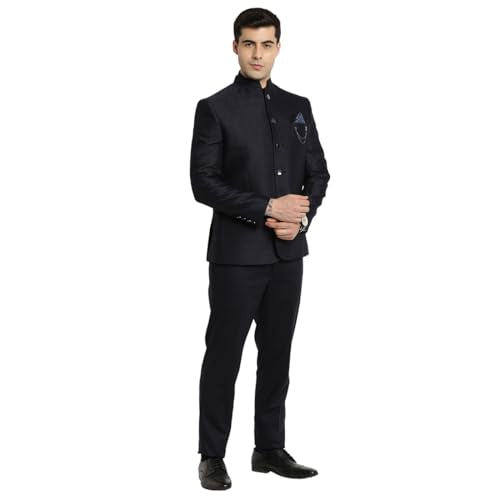 Turtle Men Poly Viscose Mandarin Collar Tailored Fit Navy Blue 2 Piece Party Suits