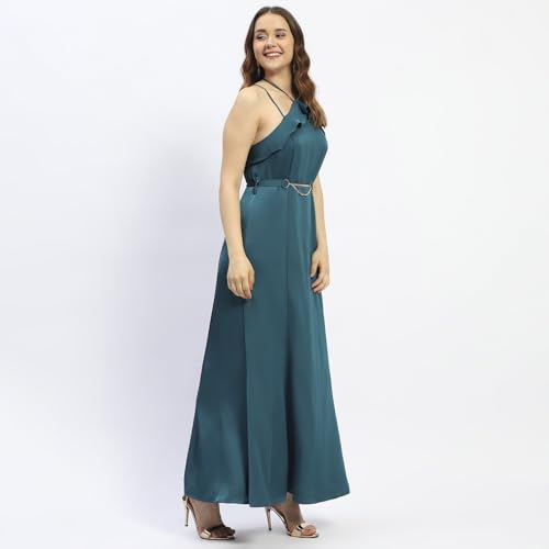 Madame Halter Neck Metal Accented Belt Teal Maxi Dress