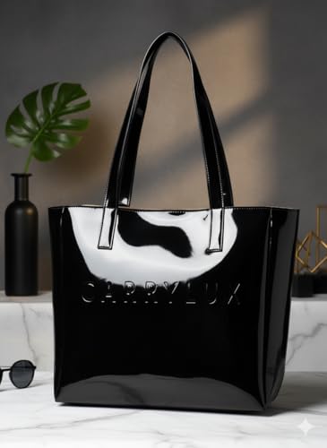 Carrylux Spacious Tote Bag For Womens Handbag Ladies Purses, With Zip Closure Shining Synthetic Leather (Black)