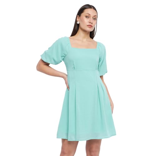 Madame Off-Shoulder Sea Green Chequered Dress