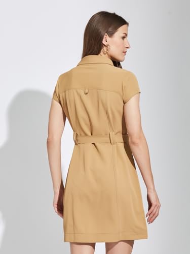 Latin Quarters Women Beige Collar Neck Cap Sleeves Solid Above Knee Shirt Dress for Casual Wear_L