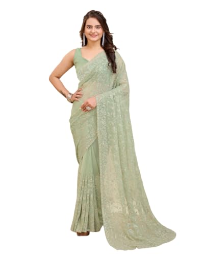 VAIRAGEE Women Green Soft Georgette Embroidery Saree (6203_2)