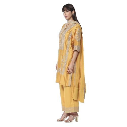 Biba Women's Cotton Blend Kurta Set (SKDMEWAR10863SS25OCRYEL_Ochre Yellow