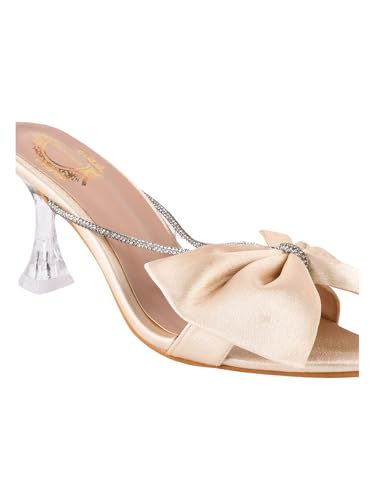 Shoetopia Women’s Satin Bow Golden Heeled Sandals, Rhinestone Strap Slingback, Peep Toe with Clear Flared Heel Comfortable EU35