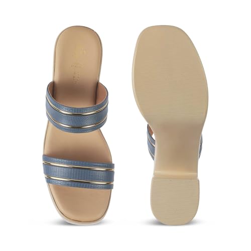 tresmode MAURO Women's Block Heel Sandals Footwear Blue, 4 UK / 37 EU - Square Toe Soft Comfortable Casual Formal Office Shoe Wear Durable