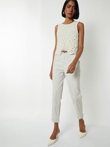 Max Women Solid Trousers with Braided Belt(Off White_34,)