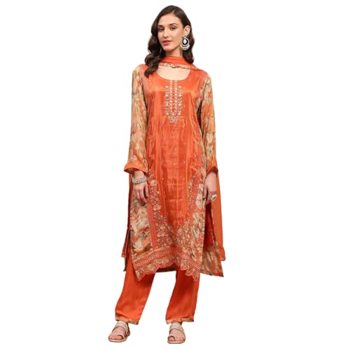 BIBA Women's Orange Viscose Blend Printed Unstitched Suit Set