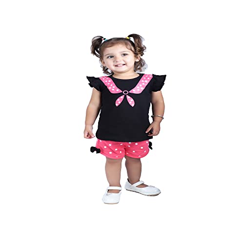 CATCUB Girls Cotton Top and Shorts Set - Butterfly Sleeves (CC-99-1-2N; Black; 12-24 Months)