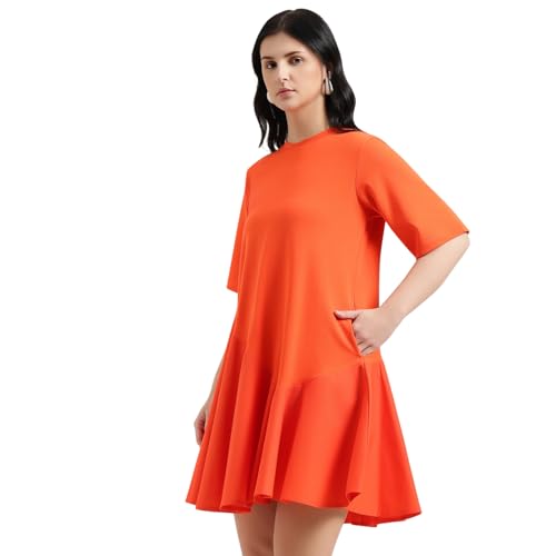 United Colors of Benetton Round Neck Solid Dress (Size : 2XL) - 26P3099W3823IRJ3 Orange