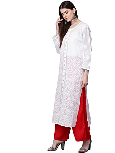 Ada Handmade Lucknowi Chikankari Women's Pure Cotton Kurta Kurti XS345926 White