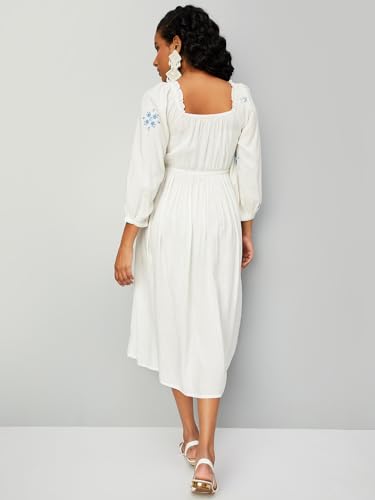 Max Below The Knee Women's Square Neck Smocked A-Line Dress (Embdrs41001Off White)_M