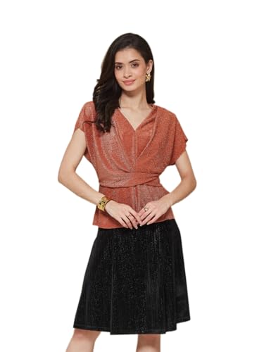 Latin Quarters Women's Peach V-Neck Cap Sleeves Solid Party Top_M