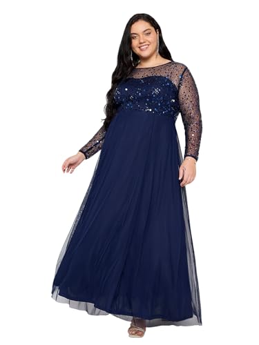 wild U Women Plus Size Gown Dress | Embellished | Sequinned | Non Itch Finish | Sleeves | Cocktail (Navy Blue, Size: 3XL)